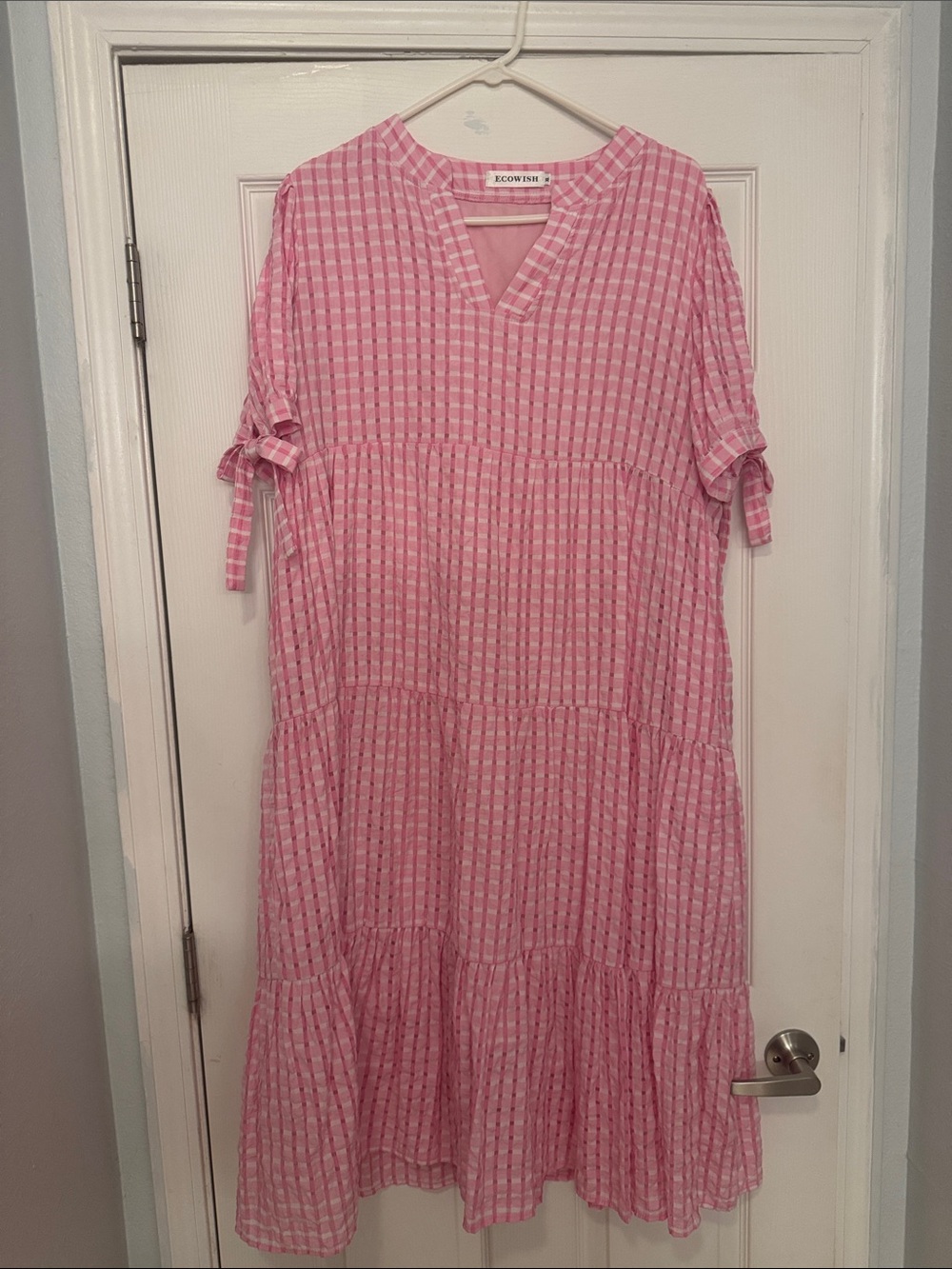 Pink Gingham Tie-Sleeve Tiered Midi Dress